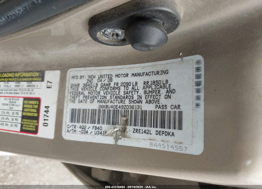 2009 TOYOTA COROLLA VIN: 1NXBU40E49Z036131