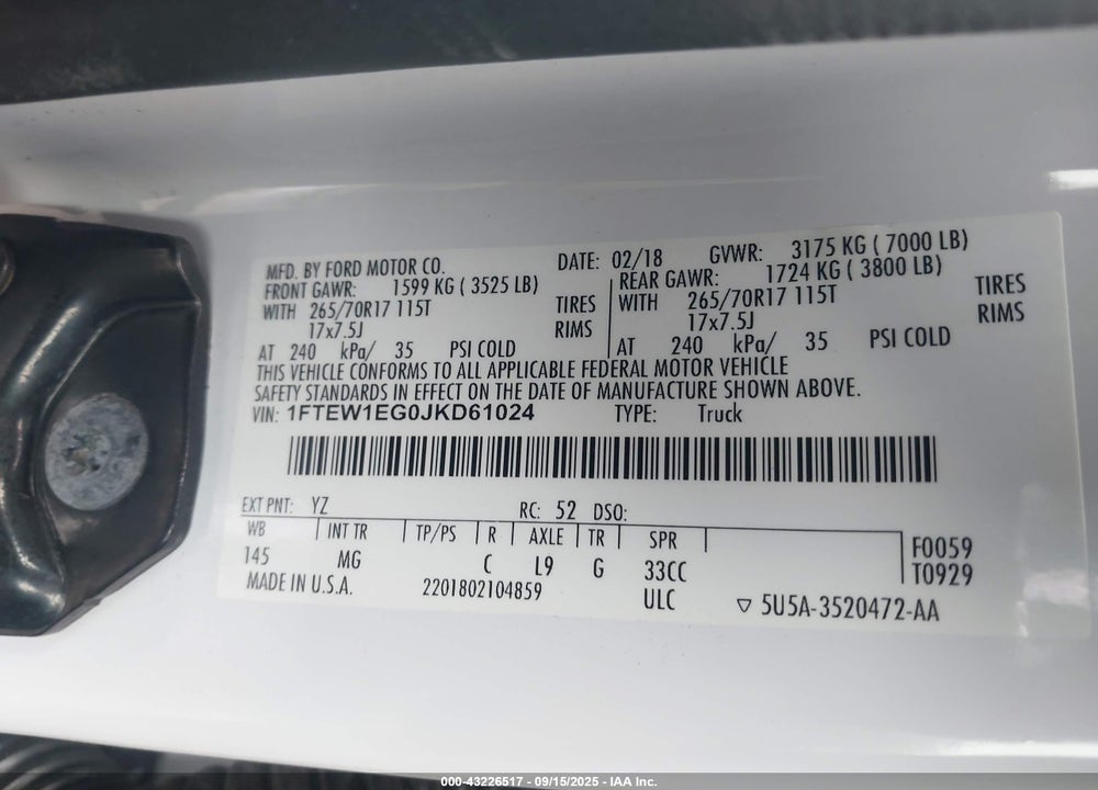 2018 FORD F-150 VIN: 1FTEW1EG0JKD61024