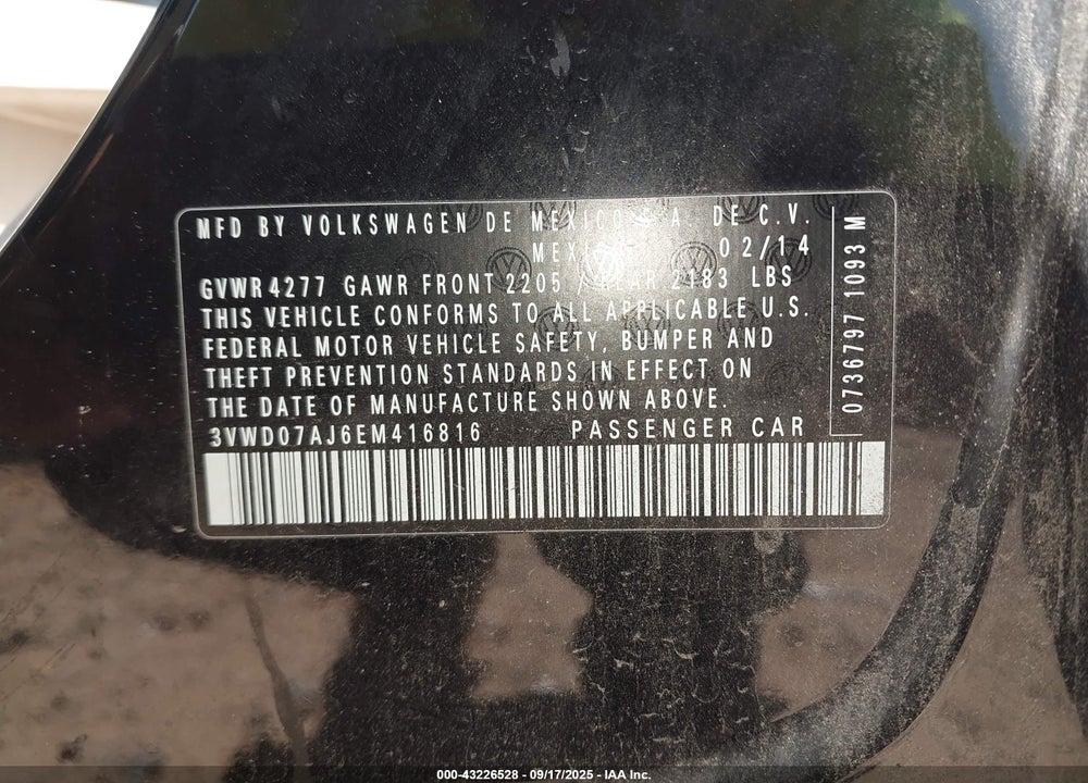 2014 VOLKSWAGEN JETTA 1.8T SE VIN: 3VWD07AJ6EM416816