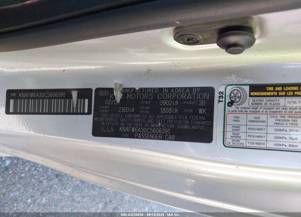 2012 KIA FORTE VIN: KNAFW6A30C5606391
