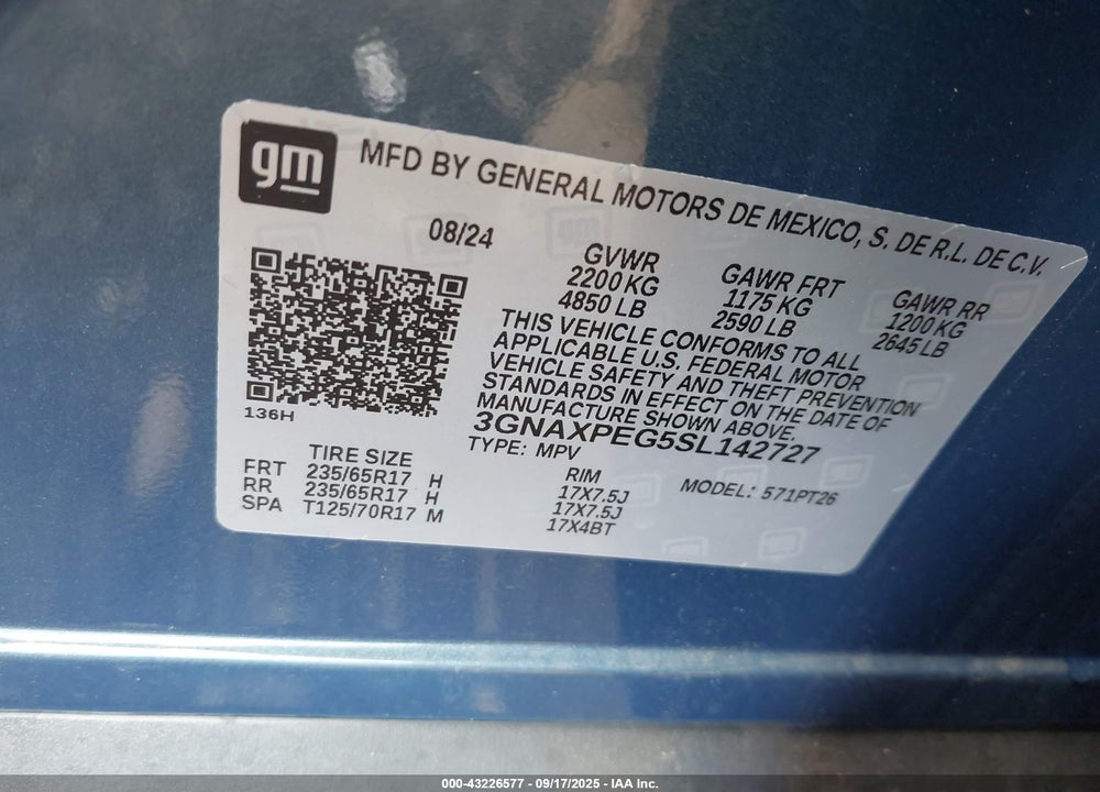 2025 CHEVROLET EQUINOX VIN: 3GNAXPEG5SL142727