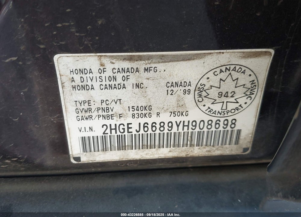 2000 HONDA CIVIC EX G VIN: 2HGEJ6689YH908698