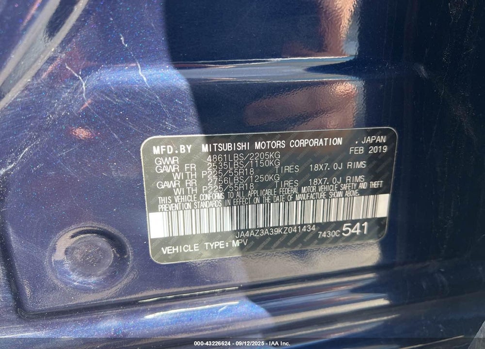 2019 MITSUBISHI OUTLANDER VIN: JA4AZ3A39KZ041434