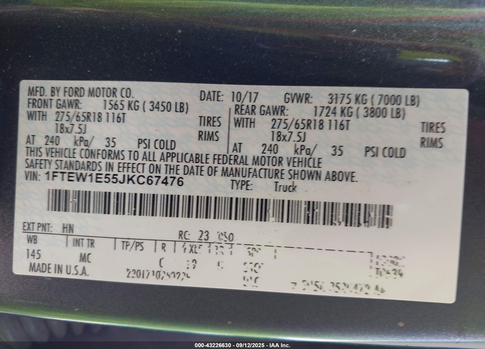 2018 FORD F-150 VIN: 1FTEW1E55JKC67476