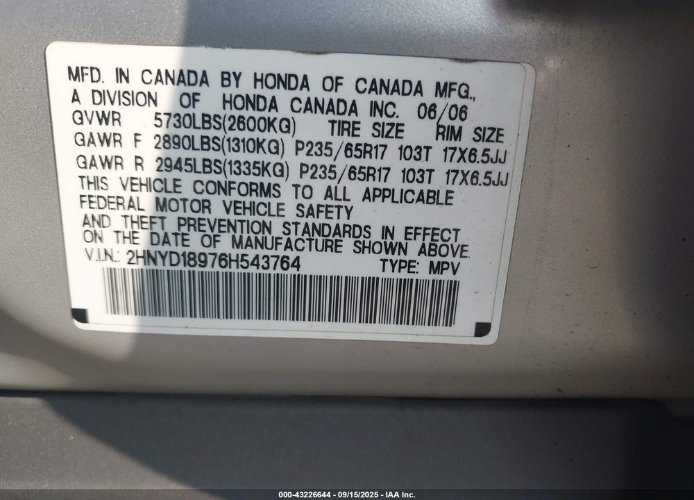 2006 ACURA MDX VIN: 2HNYD18976H543764