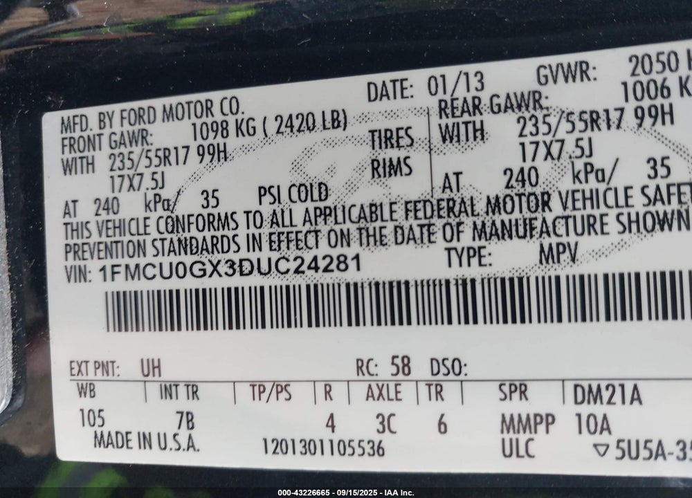 2013 FORD ESCAPE SE VIN: 1FMCU0GX3DUC24281