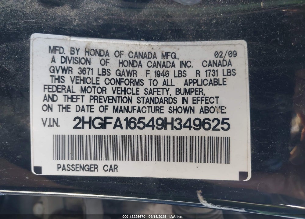 2009 HONDA CIVIC VIN: 2HGFA16549H349625