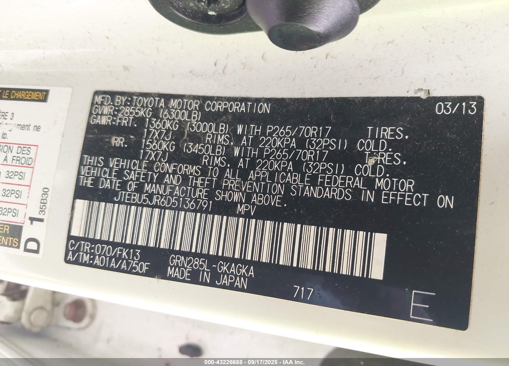 2013 TOYOTA 4RUNNER VIN: JTEBU5JR6D5136791
