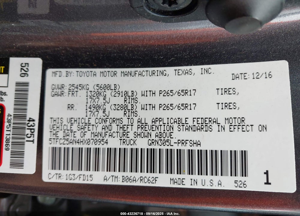 2017 TOYOTA TACOMA VIN: 5TFCZ5AN4HX070954