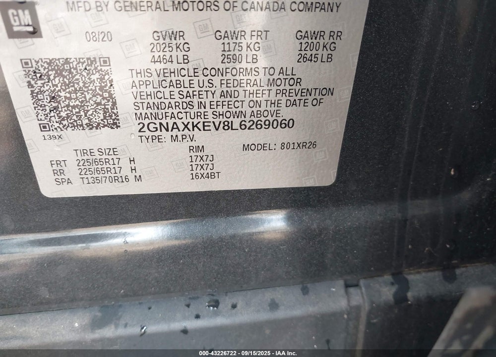 2020 CHEVROLET EQUINOX FWD LT 1.5L TURBO VIN: 2GNAXKEV8L6269060