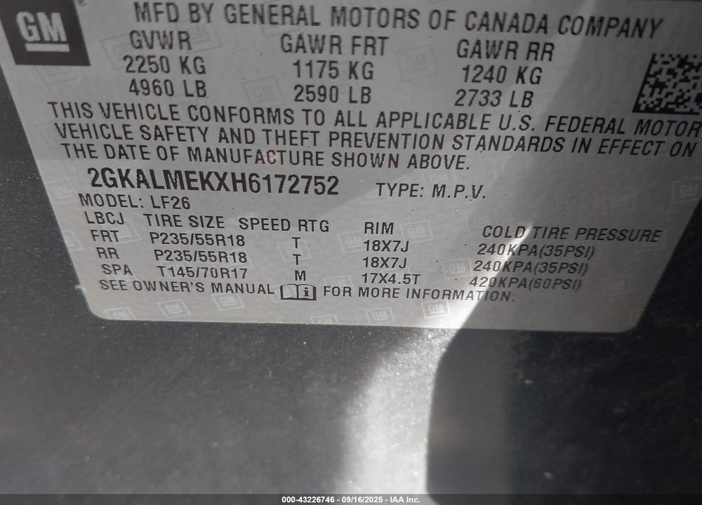 2017 GMC TERRAIN VIN: 2GKALMEKXH6172752