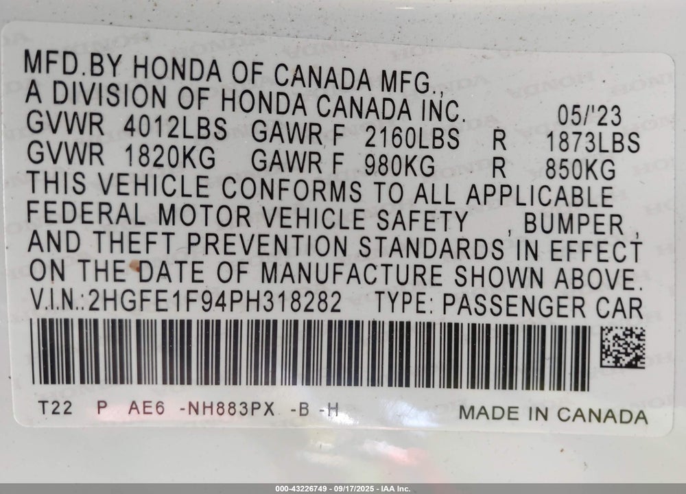 2023 HONDA CIVIC VIN: 2HGFE1F94PH318282
