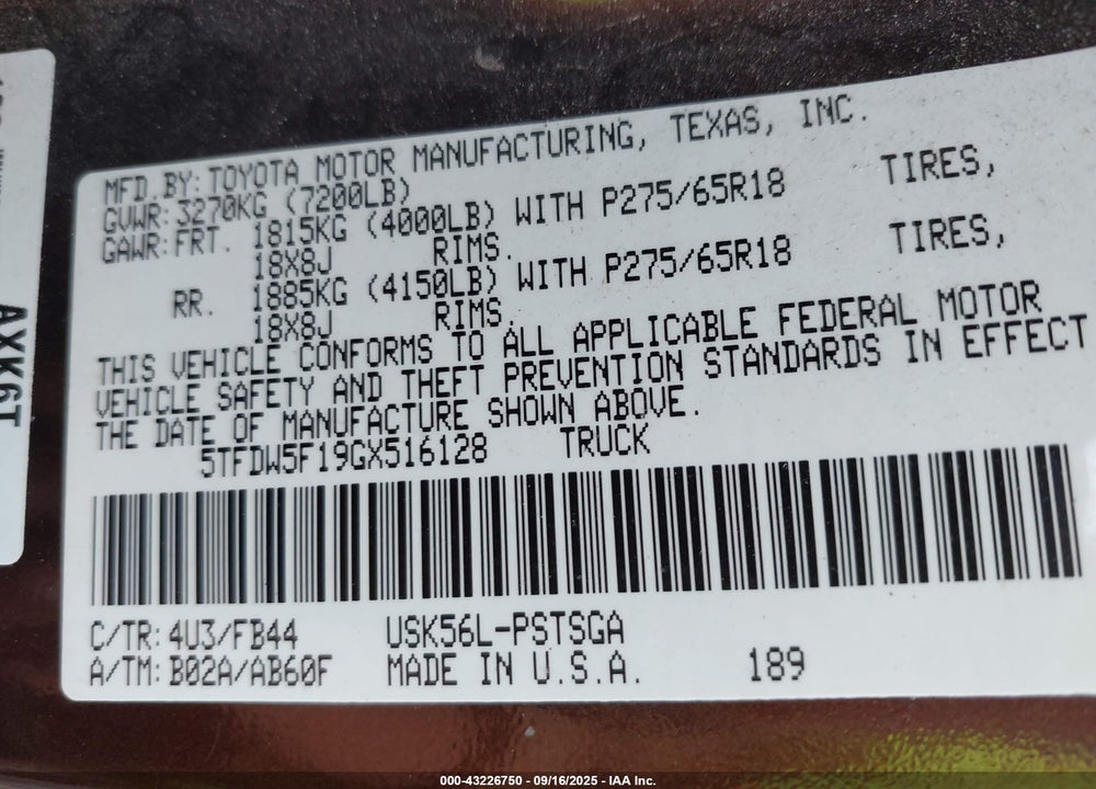 2016 TOYOTA TUNDRA VIN: 5TFDW5F19GX516128