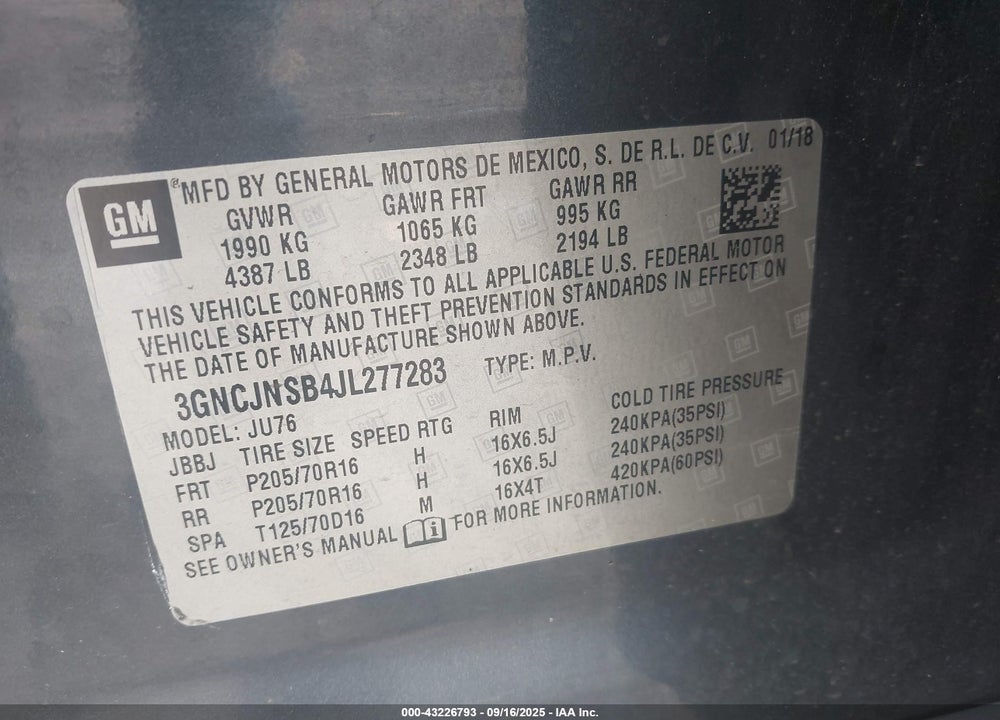2018 CHEVROLET TRAX VIN: 3GNCJNSB4JL277283