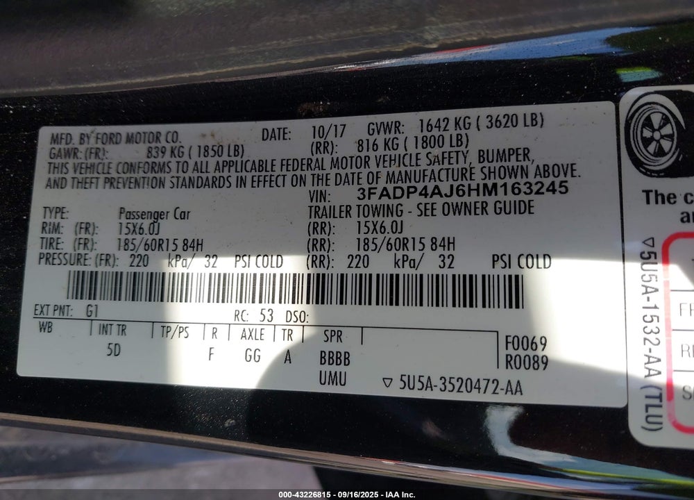 2017 FORD FIESTA VIN: 3FADP4AJ6HM163245