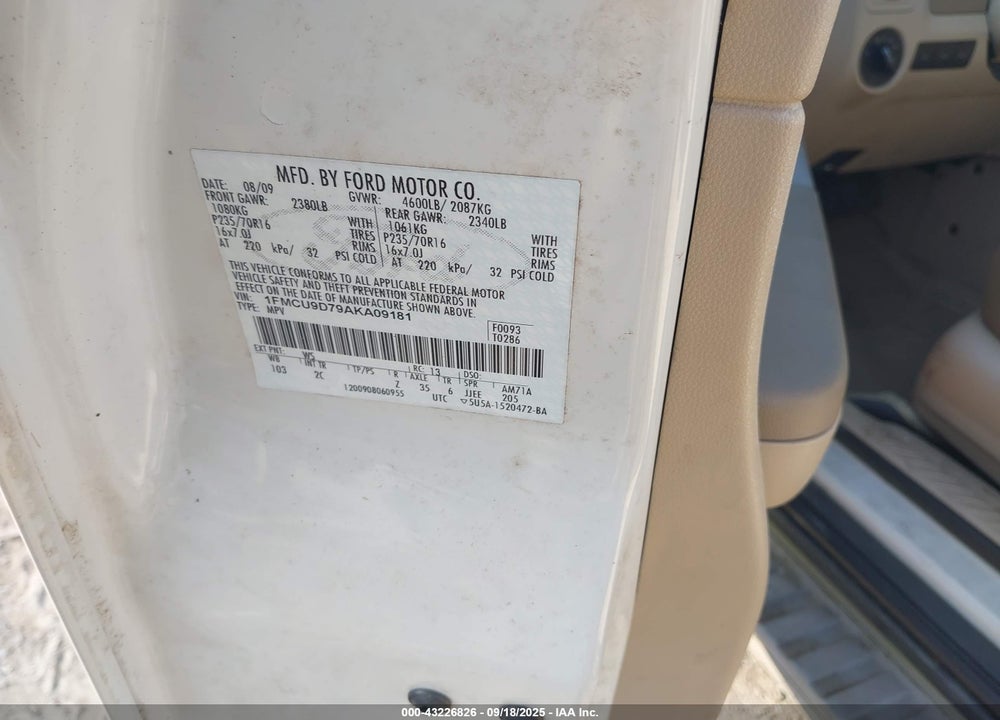 2010 FORD ESCAPE VIN: 1FMCU9D79AKA09181
