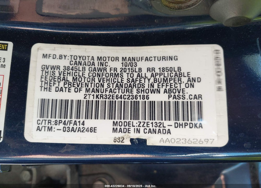 2004 TOYOTA MATRIX STANDARD VIN: 2T1KR32E64C236186