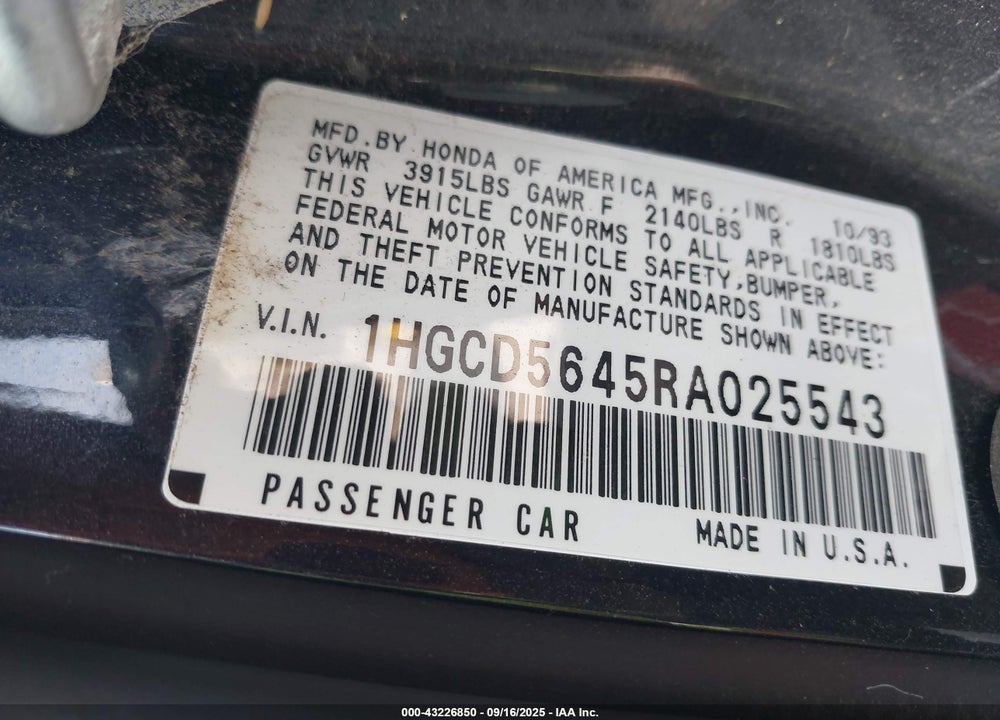 1994 HONDA ACCORD LX/EX VIN: 1HGCD5645RA025543
