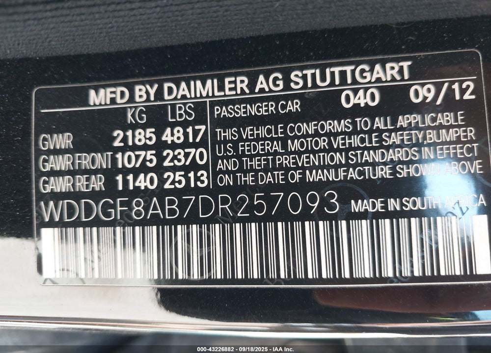 2013 MERCEDES-BENZ C CLASS VIN: WDDGF8AB7DR257093
