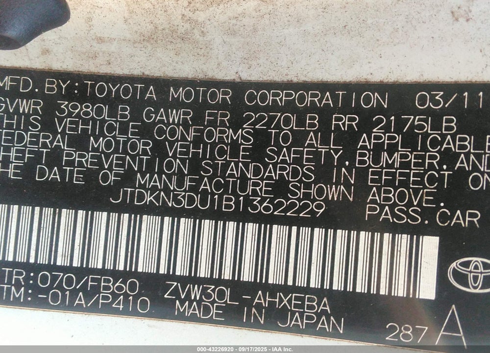 2011 TOYOTA PRIUS VIN: JTDKN3DU1B1362229