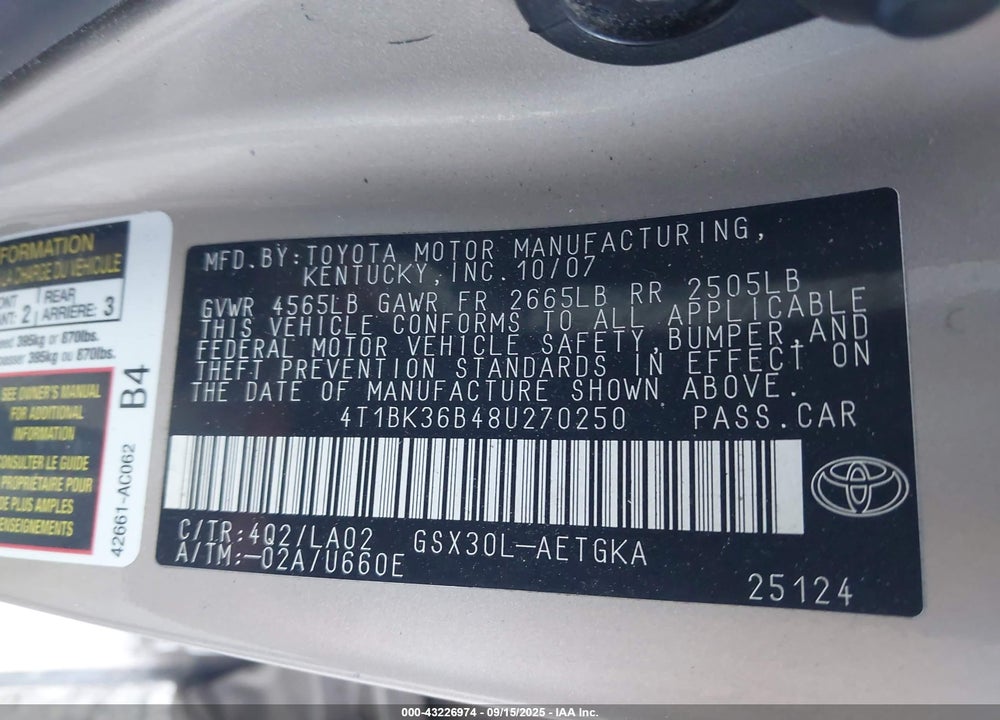2008 TOYOTA AVALON XLS VIN: 4T1BK36B48U270250