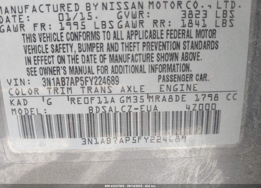 2015 NISSAN SENTRA S VIN: 3N1AB7AP5FY224689
