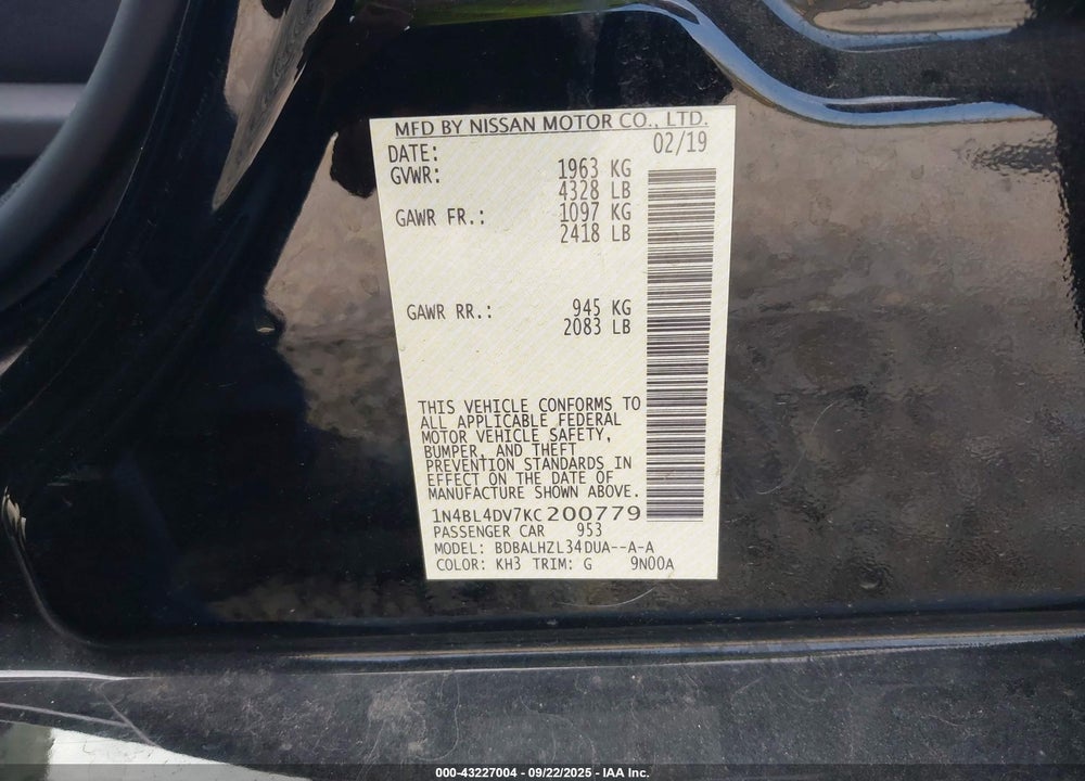 2019 NISSAN ALTIMA VIN: 1N4BL4DV7KC200779