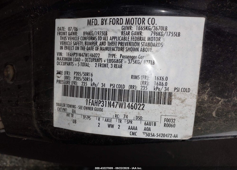 2007 FORD FOCUS VIN: 1FAHP31N47W146022