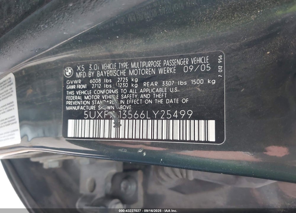 2006 BMW X5 VIN: 5UXFA13566LY25499