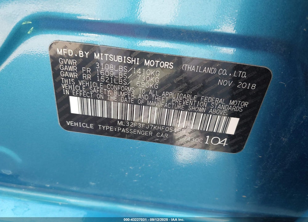 2019 MITSUBISHI MIRAGE VIN: ML32F3FJ7KHF05469