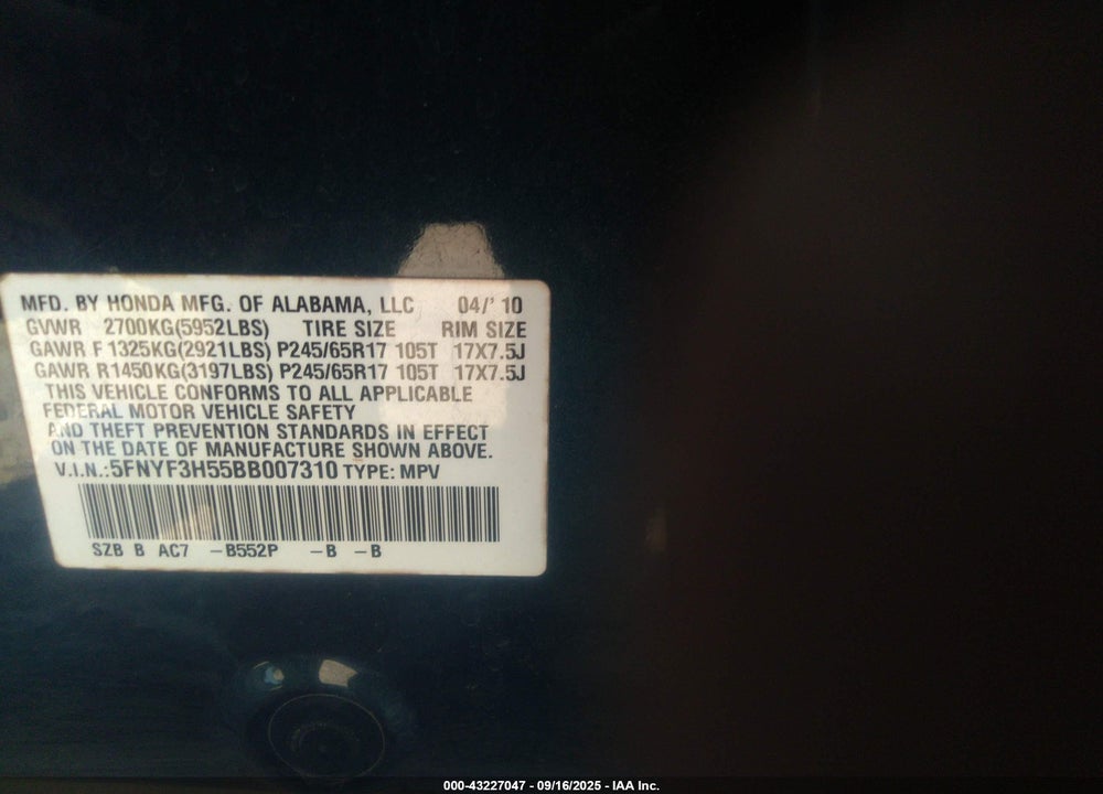 2011 HONDA PILOT EX-L VIN: 5FNYF3H55BB007310