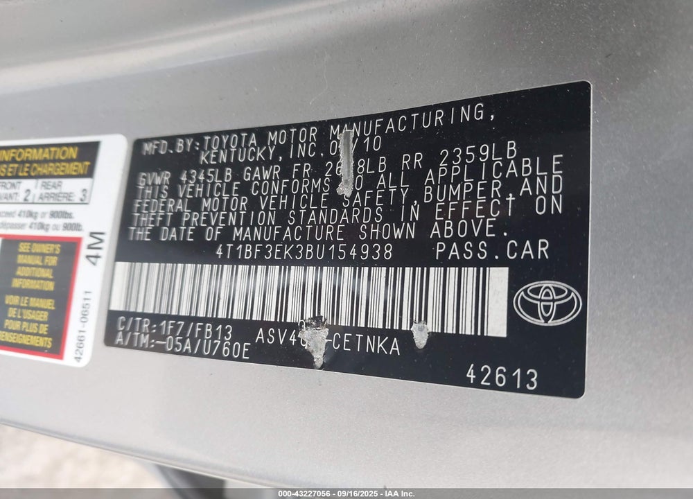 2011 TOYOTA CAMRY VIN: 4T1BF3EK3BU154938