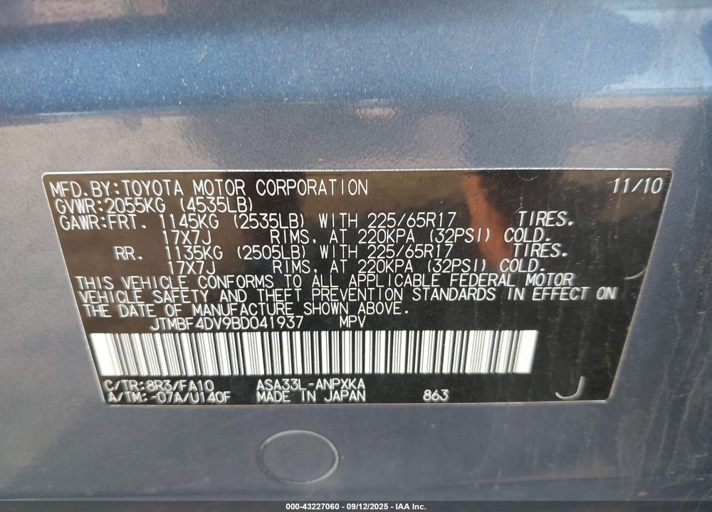 2011 TOYOTA RAV4 VIN: JTMBF4DV9BD041937
