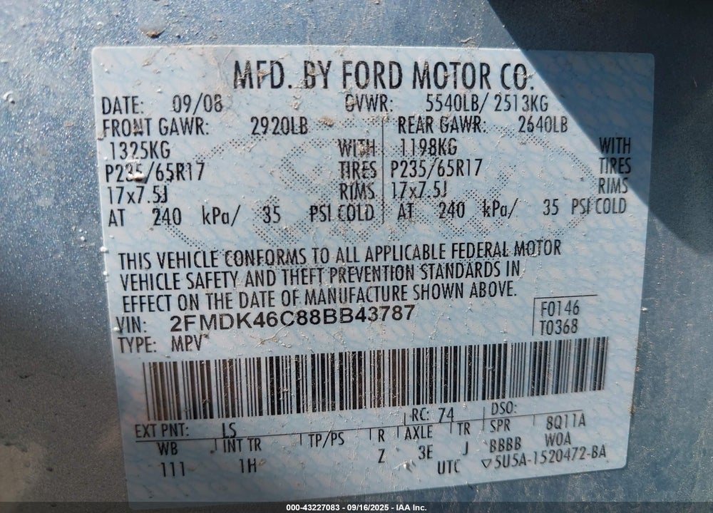 2008 FORD EDGE VIN: 2FMDK46C88BB43787