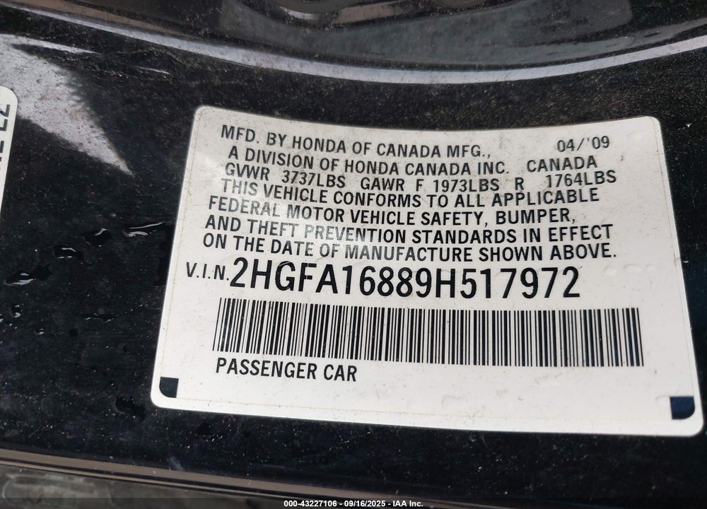 2009 HONDA CIVIC VIN: 2HGFA16889H517972