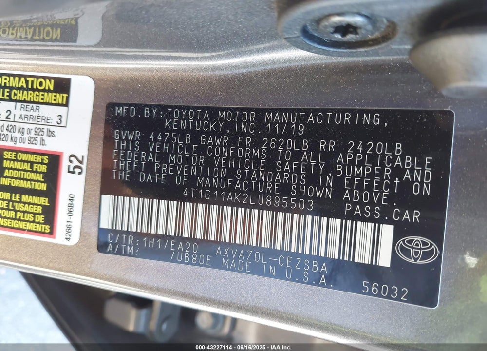 2020 TOYOTA CAMRY VIN: 4T1G11AK2LU895503