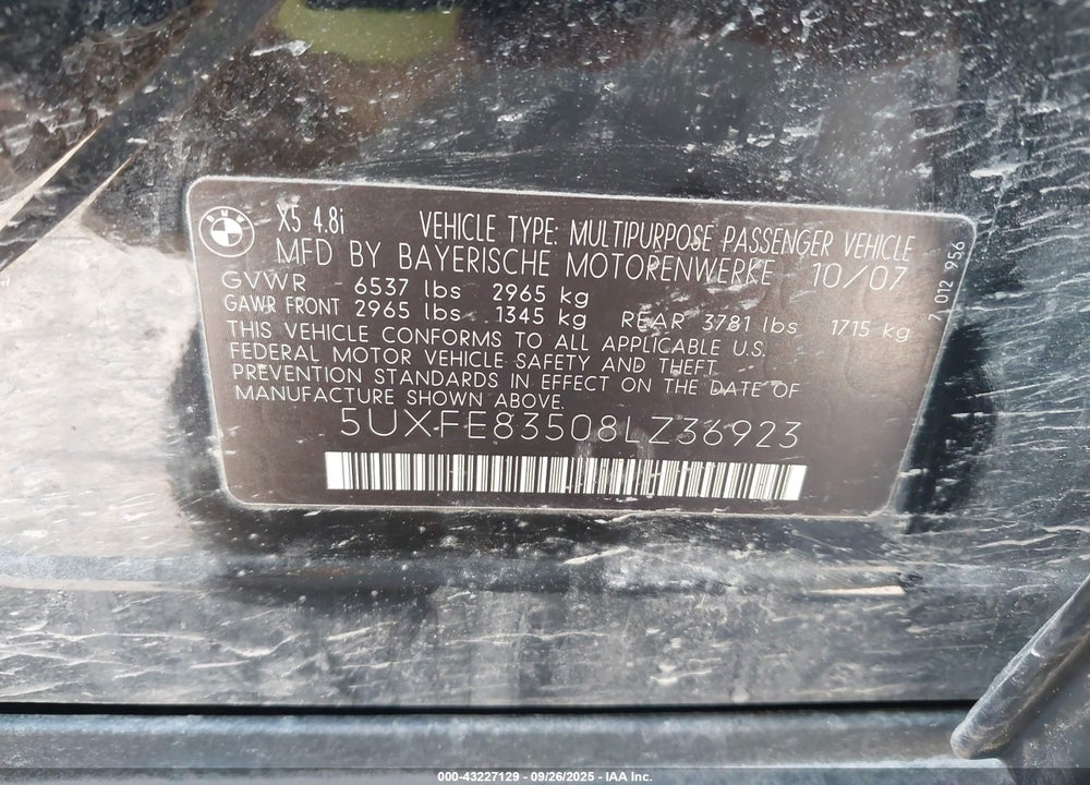 2008 BMW X5 4.8I VIN: 5UXFE83508LZ36923