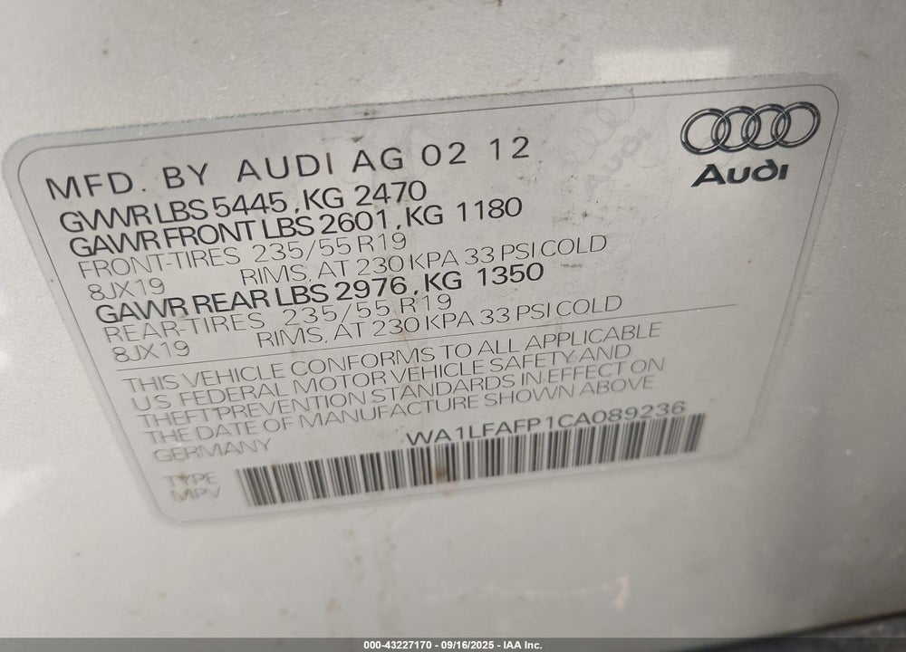 2012 AUDI Q5 2.0T PREMIUM VIN: WA1LFAFP1CA089236