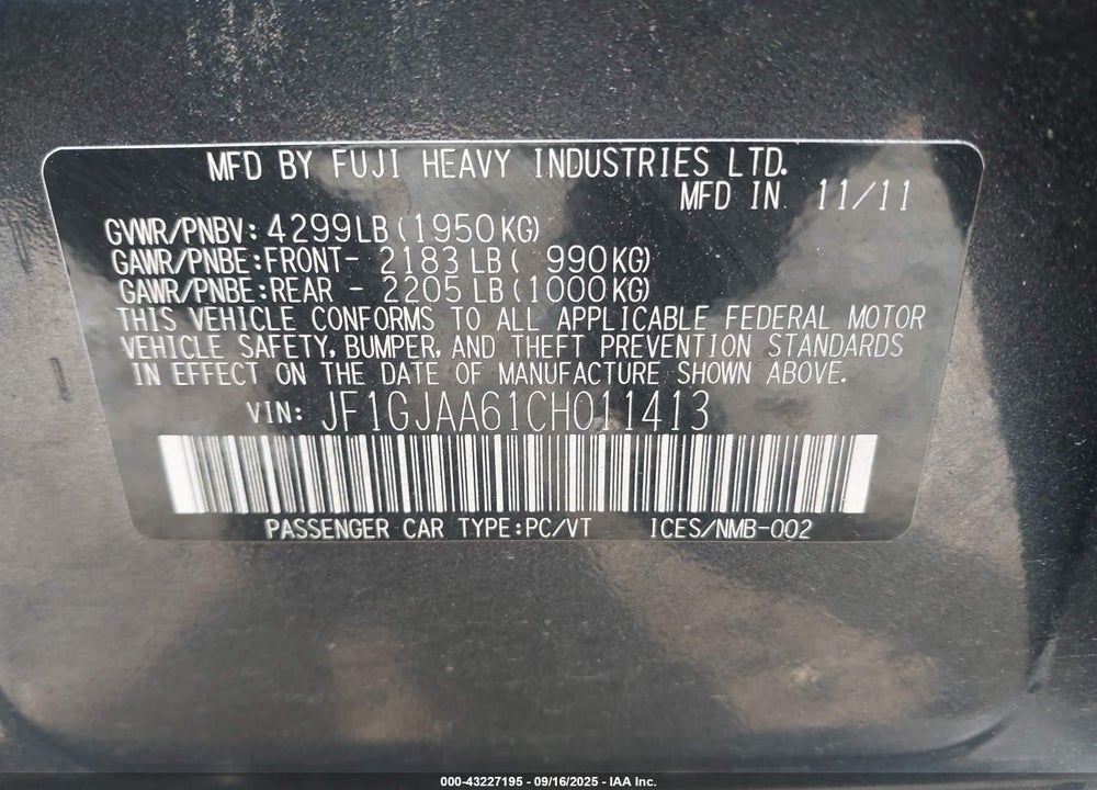 2012 SUBARU IMPREZA 2.0I VIN: JF1GJAA61CH011413