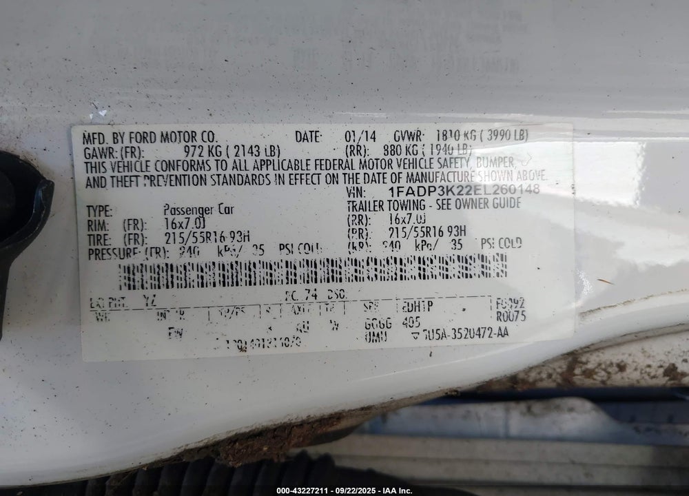 2014 FORD FOCUS VIN: 1FADP3K22EL260148