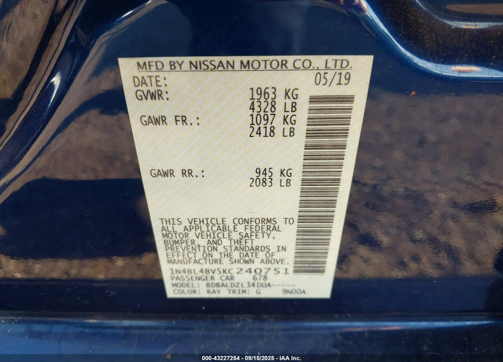 2019 NISSAN ALTIMA VIN: 1N4BL4BV5KC240751
