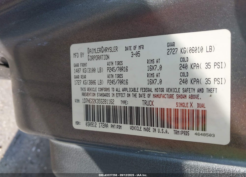 2005 DODGE DAKOTA ST VIN: 1D7HE22K35S281162