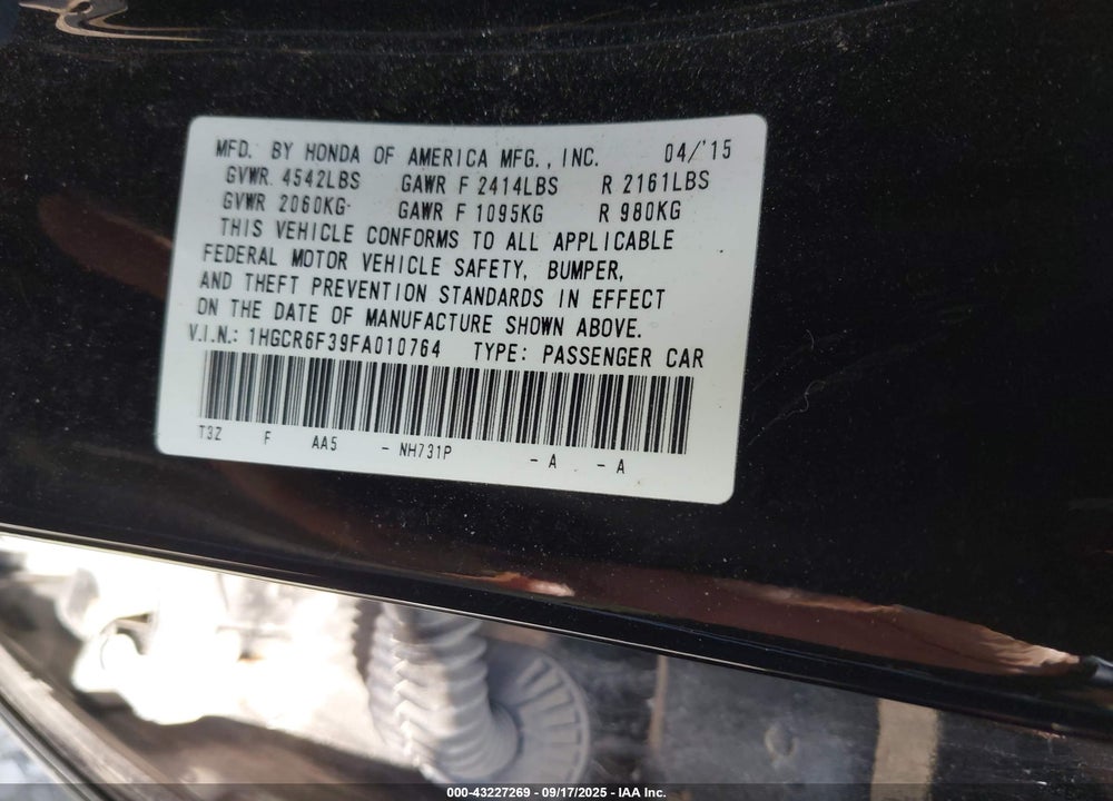 2015 HONDA ACCORD HYBRID VIN: 1HGCR6F39FA010764