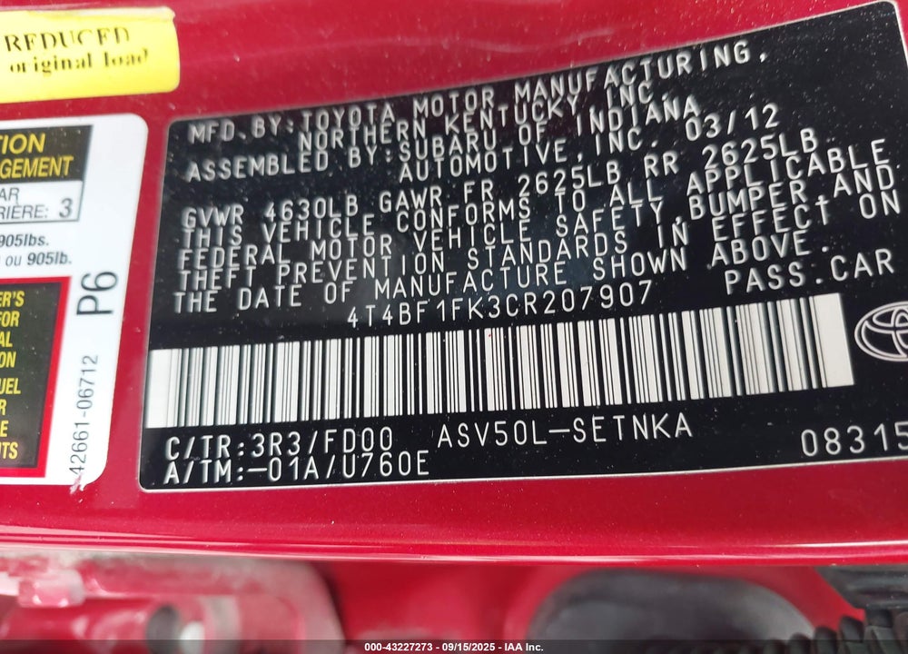 2012 TOYOTA CAMRY VIN: 4T4BF1FK3CR207907