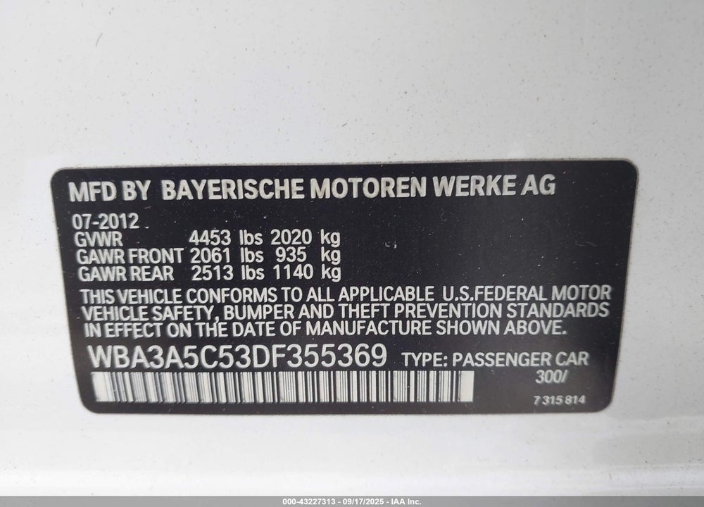2013 BMW 328I VIN: WBA3A5C53DF355369