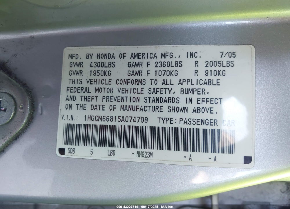 2005 HONDA ACCORD 3.0 EX VIN: 1HGCM66815A074709
