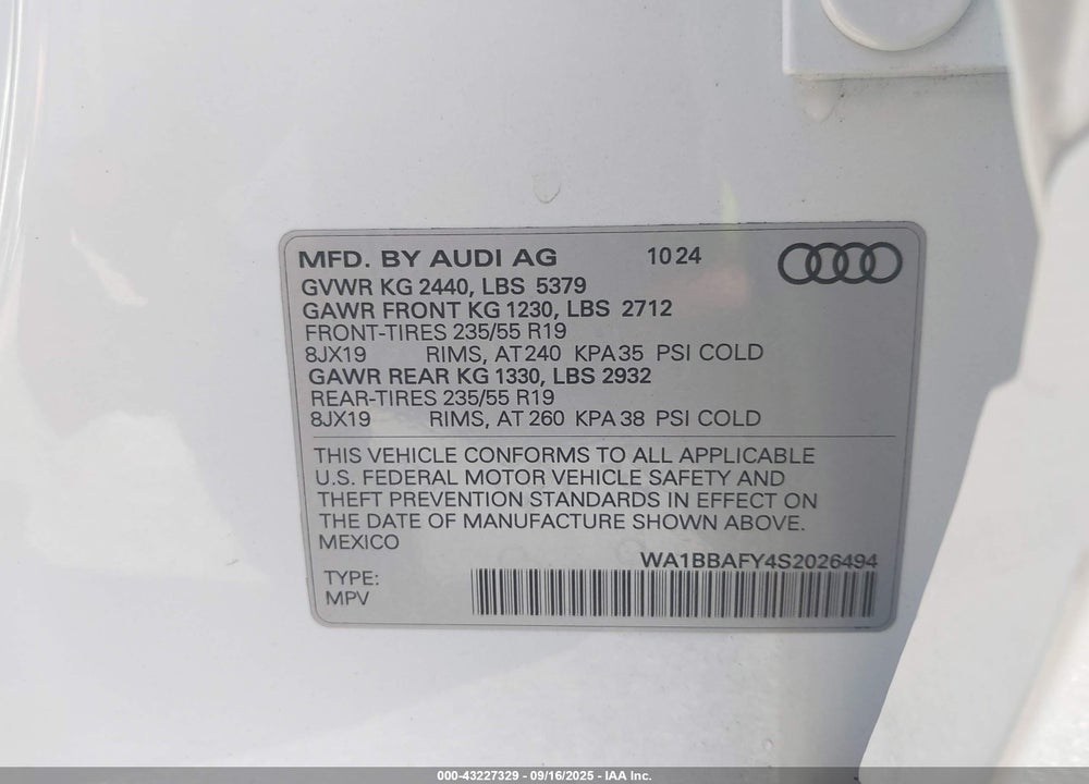 2025 AUDI Q5 PREMIUM PLUS 40 TFSI QUATTRO S TRONIC VIN: WA1BBAFY4S2026494