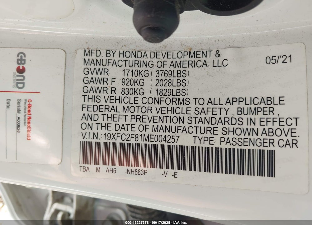 2021 HONDA CIVIC VIN: 19XFC2F81ME004257