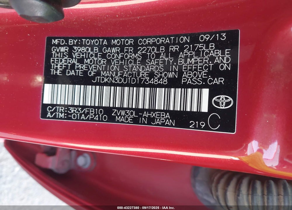 2013 TOYOTA PRIUS THREE VIN: JTDKN3DU1D1734848