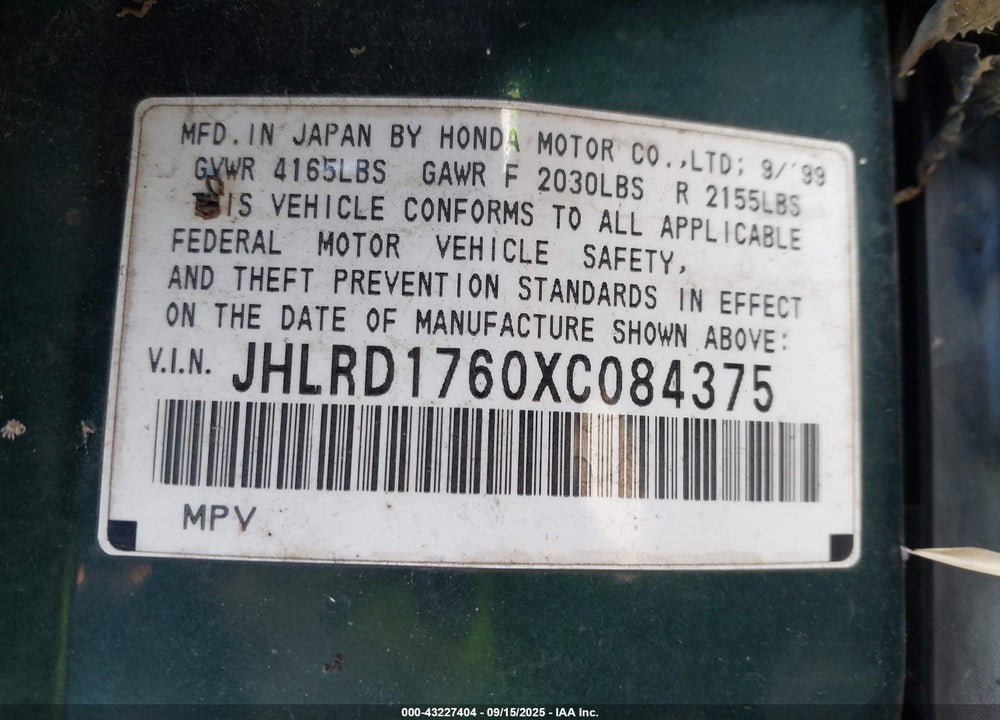 1999 HONDA CR-V EX VIN: JHLRD1760XC084375